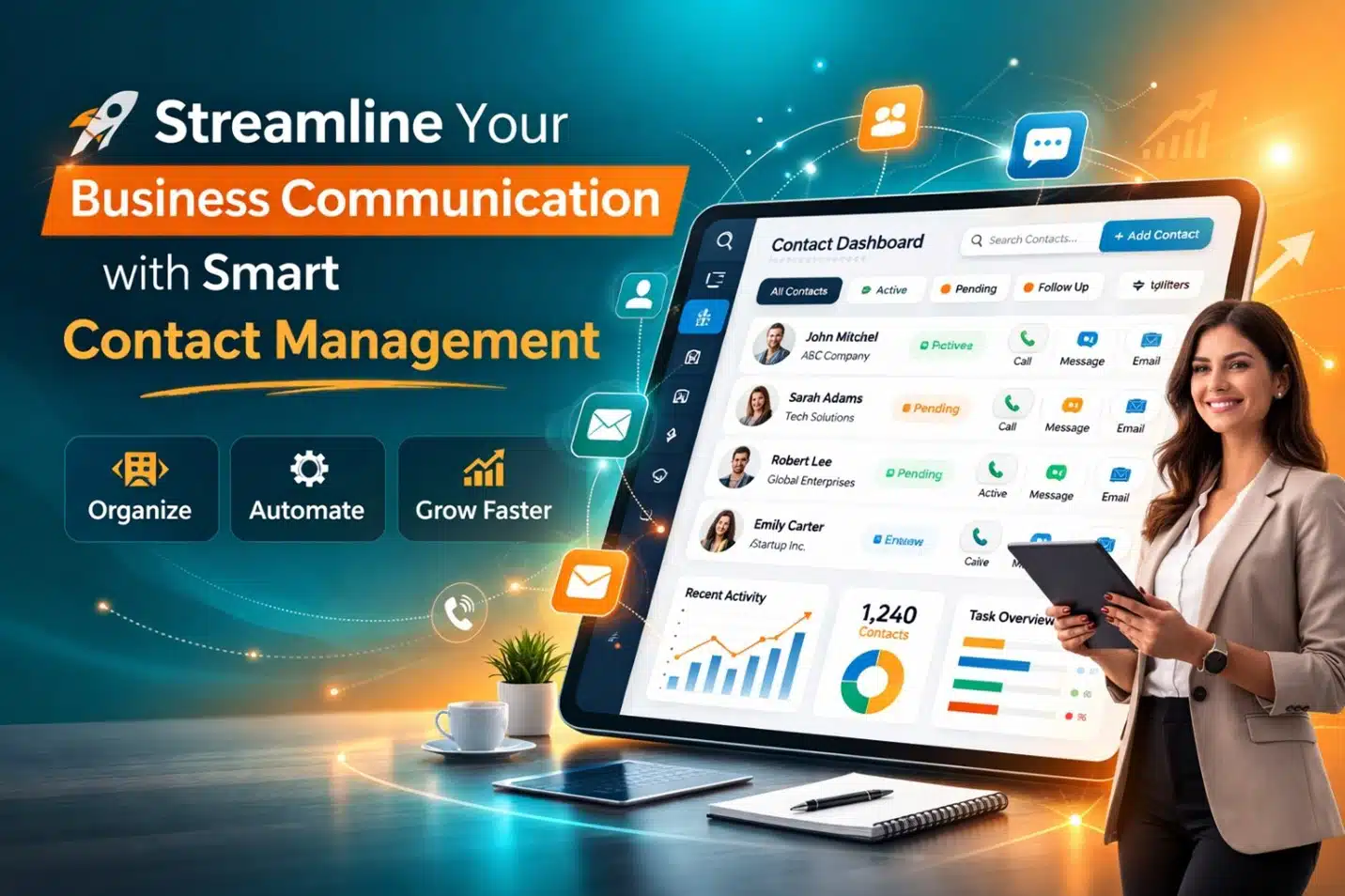 Smart Contact Management for Efficient Business Communication Smart Contact Management system showing organized contacts, grouped customer lists, and automated messaging for efficient business communication